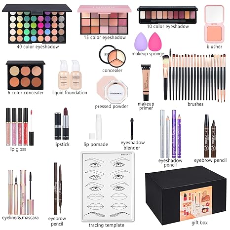 All in One Makeup Kit Makeup Kit for Women Full Kit Multipurpose Makeup ，eyeshadow、 liquid foundation,Loose powder,Eyebrow pencil,4-color lip gloss set