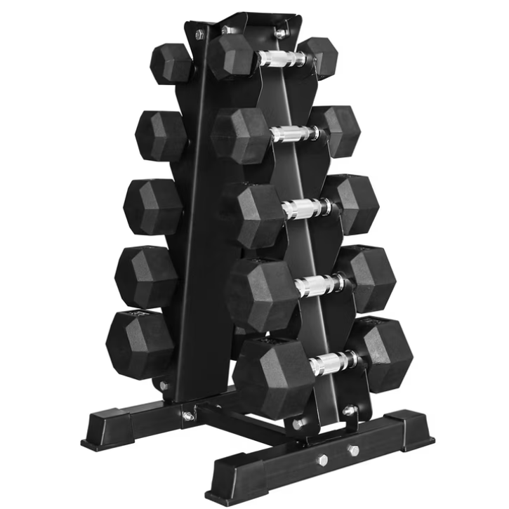 BalanceFrom 150LB Coated Hex Dumbbell Weight Set and A-Frame Storage Rack, 5-25 lbs Pairs