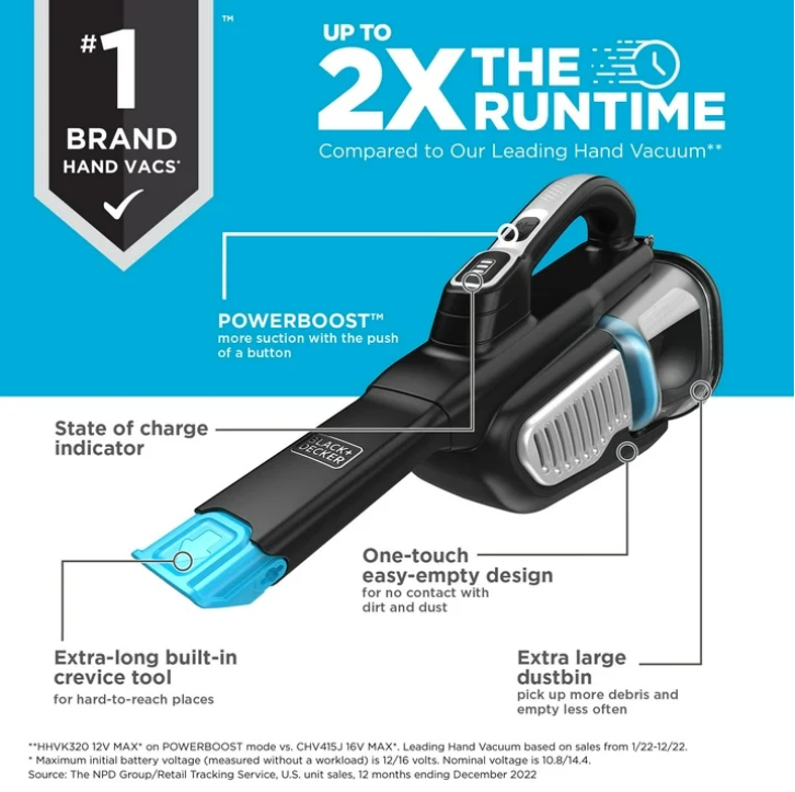 BLACK+DECKER Extra Length Dustbuster 12V Cordless Handheld Vacuum, More Powerful & Runtime, HHVK320J00W