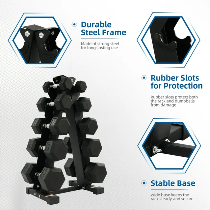 BalanceFrom 150LB Coated Hex Dumbbell Weight Set and A-Frame Storage Rack, 5-25 lbs Pairs