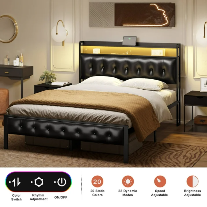 GUNAITO Queen Bed Frame with Storage Headboard Upholstered Platform Bed with LED Lights and Power Charging Station, Black