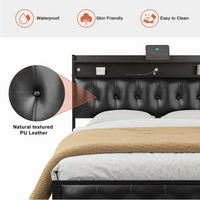 GUNAITO Queen Bed Frame with Storage Headboard Upholstered Platform Bed with LED Lights and Power Charging Station, Black