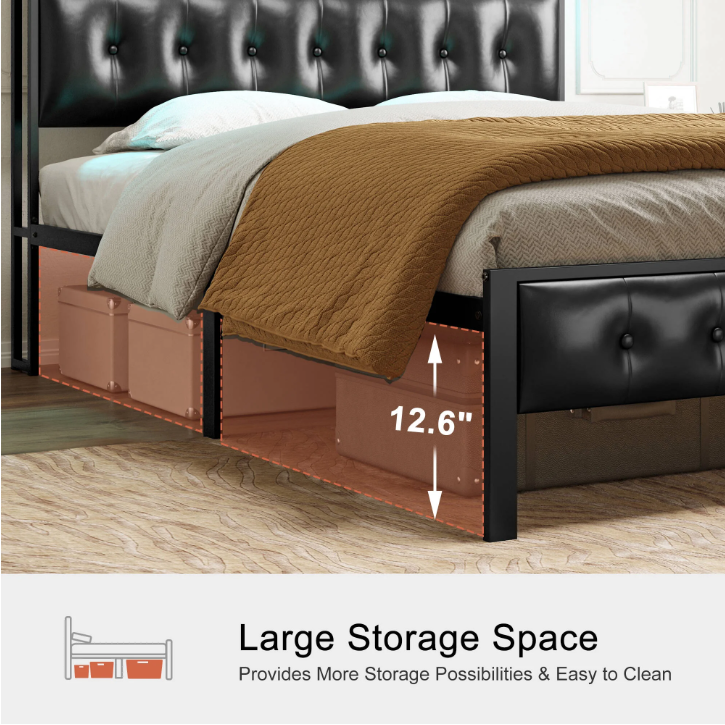 GUNAITO Queen Bed Frame with Storage Headboard Upholstered Platform Bed with LED Lights and Power Charging Station, Black