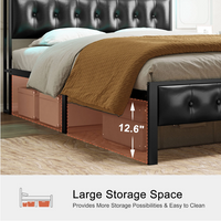GUNAITO Queen Bed Frame with Storage Headboard Upholstered Platform Bed with LED Lights and Power Charging Station, Black
