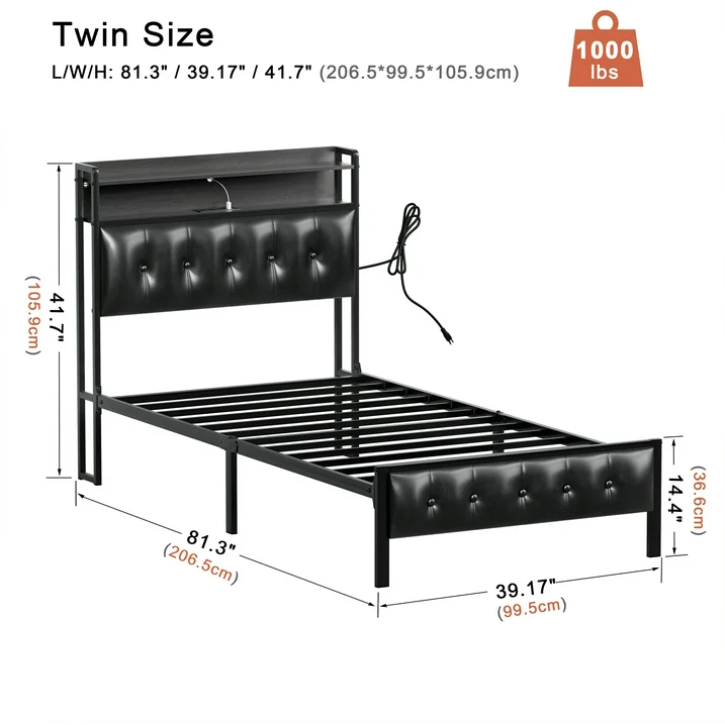 GUNAITO Queen Bed Frame with Storage Headboard Upholstered Platform Bed with LED Lights and Power Charging Station, Black