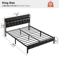 GUNAITO Queen Bed Frame with Storage Headboard Upholstered Platform Bed with LED Lights and Power Charging Station, Black