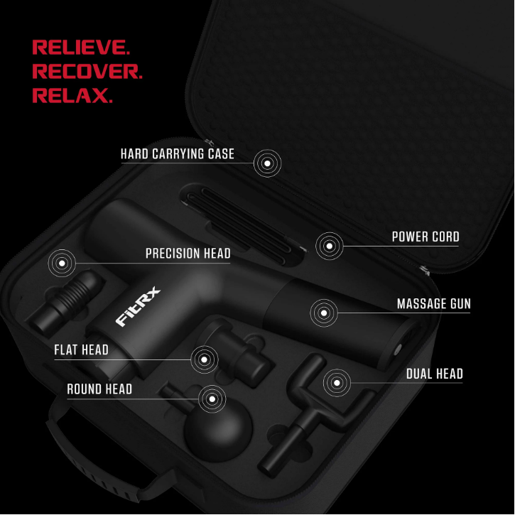 FitRx Neck and Back Massager, Handheld Percussion Massage Gun with Multiple Speeds and Attachments