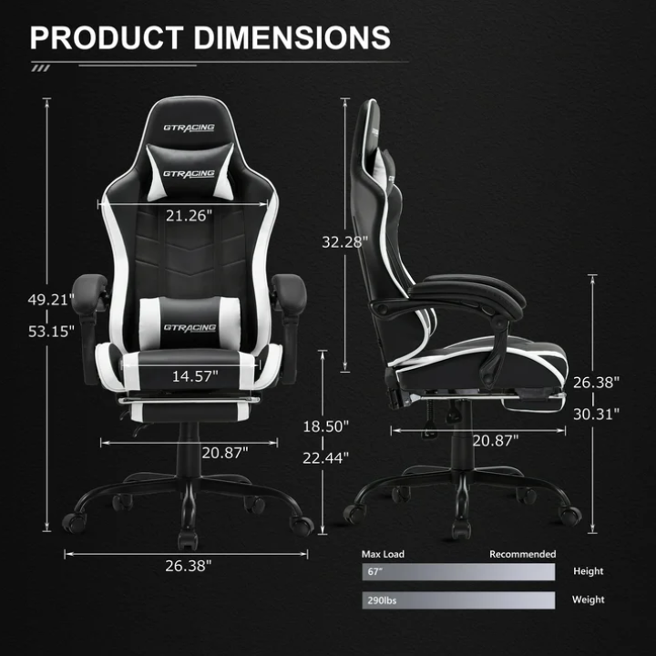 GTRACING GTWD-200 Ergonomic Gaming Chair with Adjustable Pillows and Footrest , White