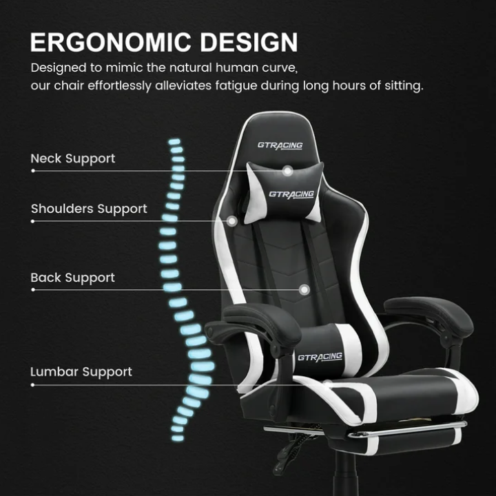 GTRACING GTWD-200 Ergonomic Gaming Chair with Adjustable Pillows and Footrest , White