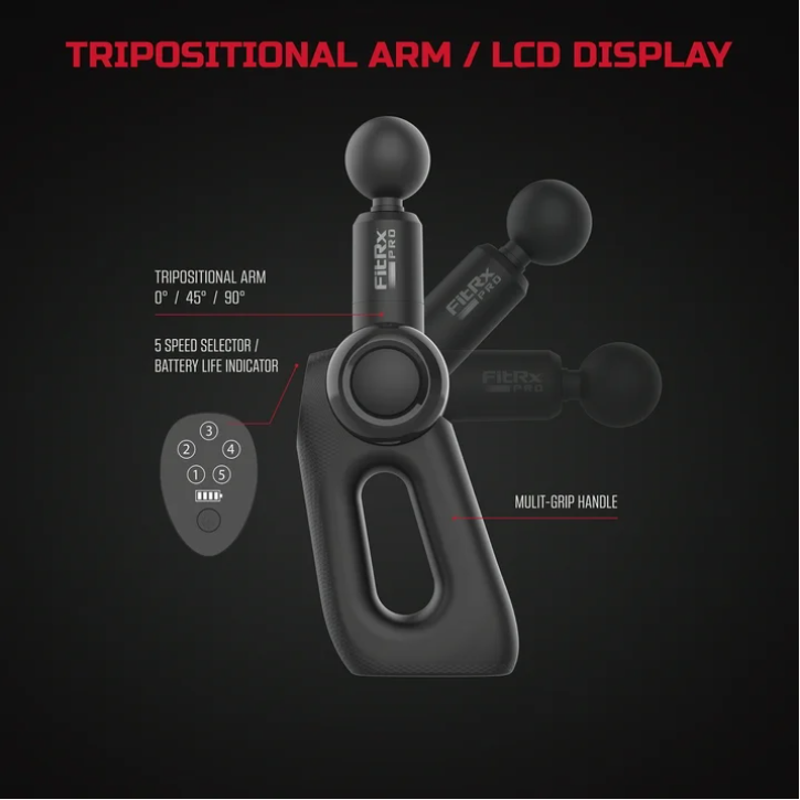 FitRx Pro Neck and Back Massager, Handheld Percussion Massage Gun with Multiple Angles, Speeds and Attachments