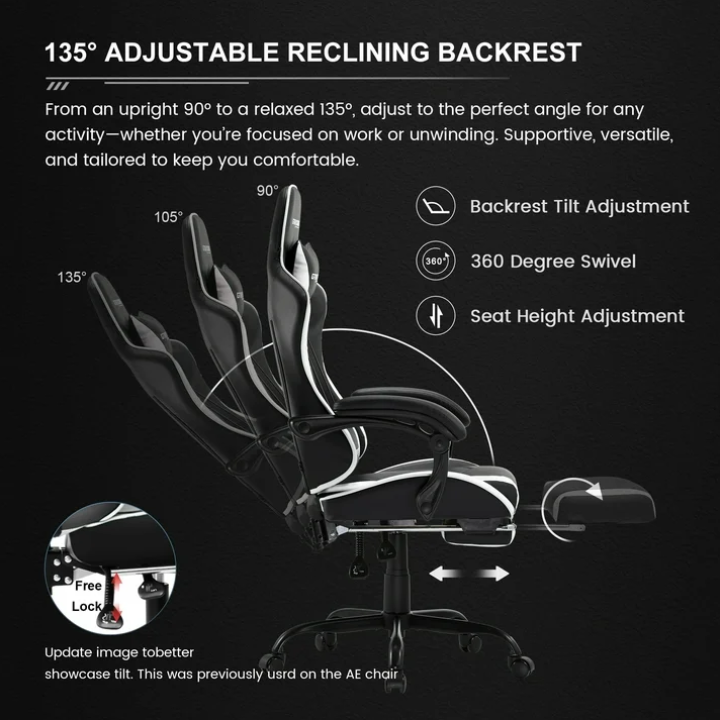 GTRACING GTWD-200 Ergonomic Gaming Chair with Adjustable Pillows and Footrest , White