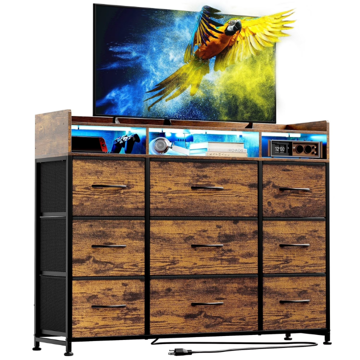 GUNAITO 9 drawer Dresser,Chest of Drawers for Bedroom,Fabric Drawer With Charging Station & LED Lights，43"W TV Stand,Rustic Brown