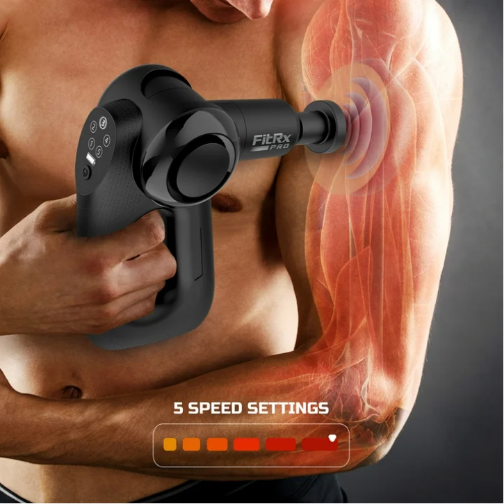 FitRx Pro Neck and Back Massager, Handheld Percussion Massage Gun with Multiple Angles, Speeds and Attachments