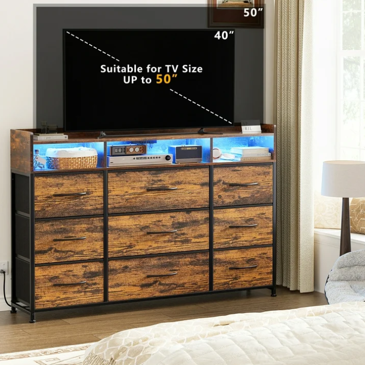 GUNAITO 9 drawer Dresser,Chest of Drawers for Bedroom,Fabric Drawer With Charging Station & LED Lights，43"W TV Stand,Rustic Brown