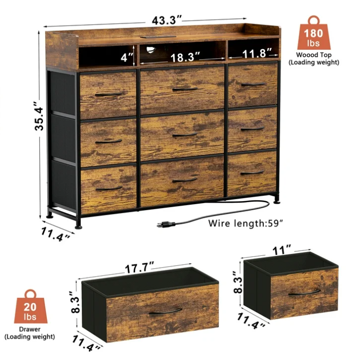 GUNAITO 9 drawer Dresser,Chest of Drawers for Bedroom,Fabric Drawer With Charging Station & LED Lights，43"W TV Stand,Rustic Brown