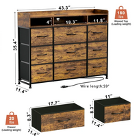 GUNAITO 9 drawer Dresser,Chest of Drawers for Bedroom,Fabric Drawer With Charging Station & LED Lights，43"W TV Stand,Rustic Brown