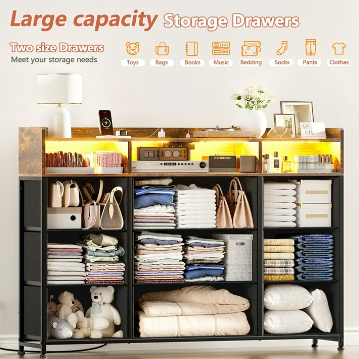 GUNAITO 9 drawer Dresser,Chest of Drawers for Bedroom,Fabric Drawer With Charging Station & LED Lights，43"W TV Stand,Rustic Brown