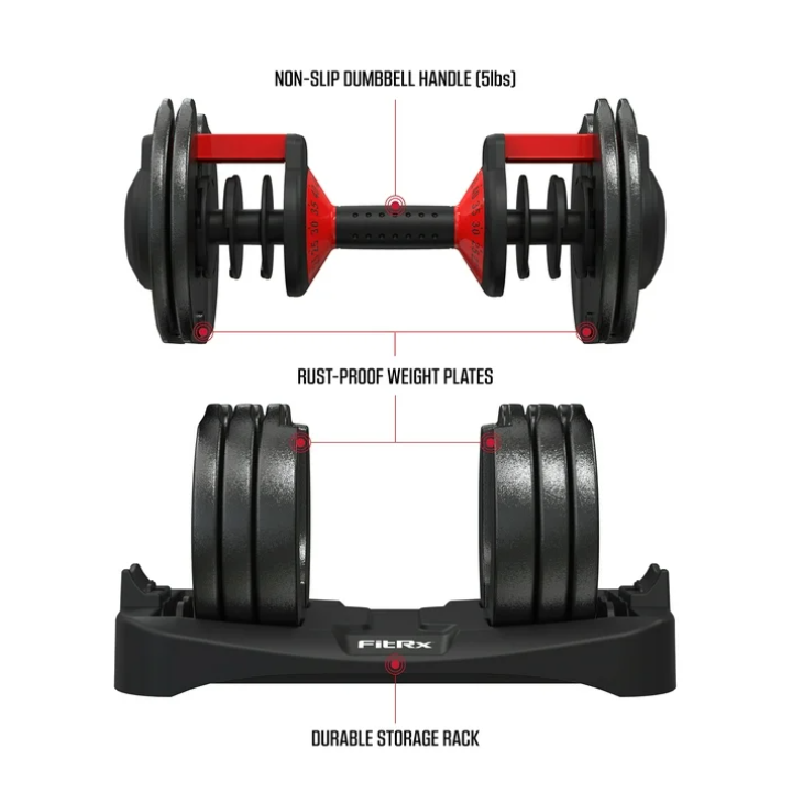 FitRx Adjustable Dumbbells, 52.5lb SmartBell Dumbbell Set with Quick-Select Weights for Home Gym
