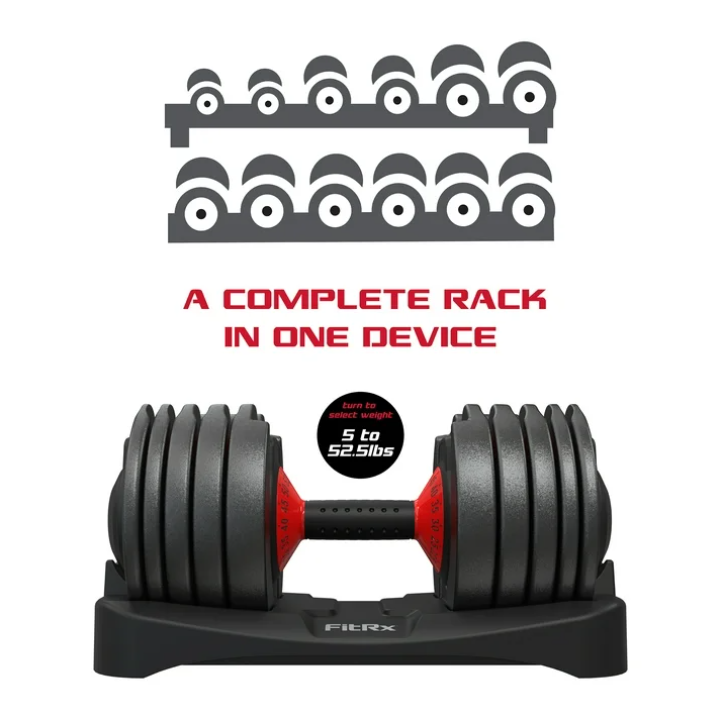 FitRx Adjustable Dumbbells, 52.5lb SmartBell Dumbbell Set with Quick-Select Weights for Home Gym