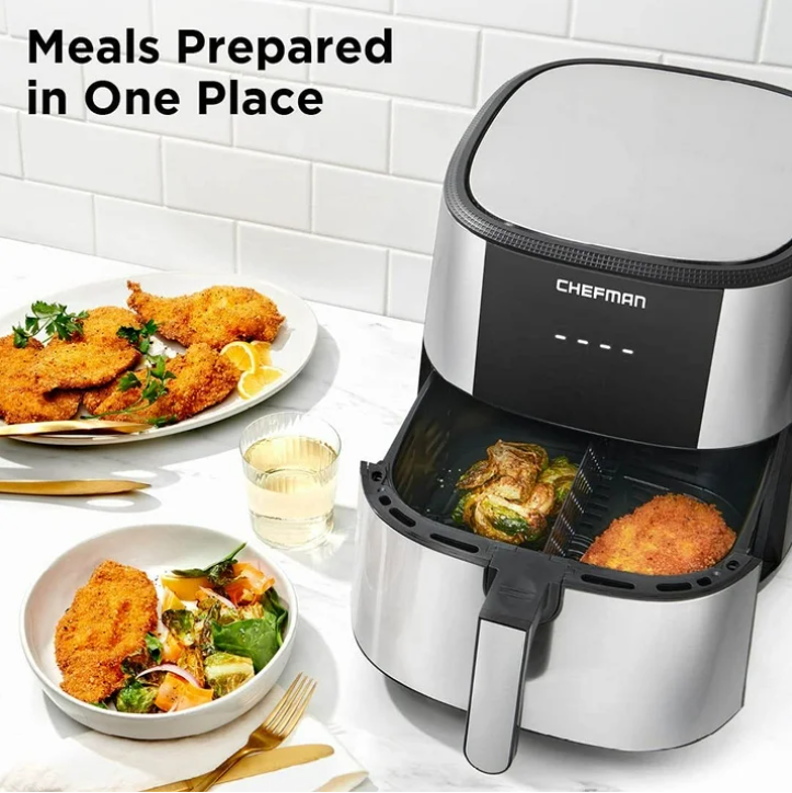 Chefman Turbofry Air Fryer with Basket Divider, 8 Qt Capacity - Stainless Steel, New